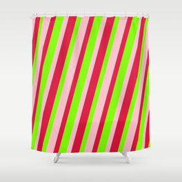 [ Thumbnail: Pink, Crimson, and Chartreuse Colored Lined Pattern Shower Curtain ]