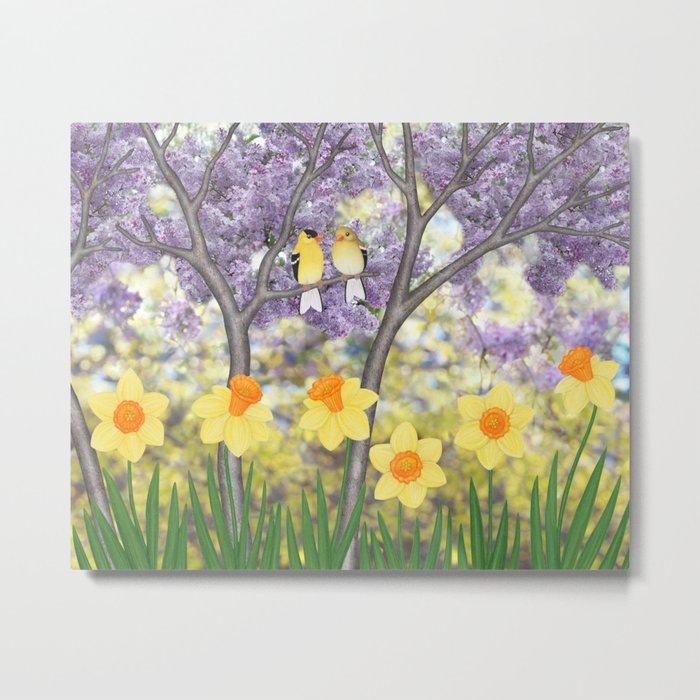 goldfinches, lilacs, & daffodils Metal Print