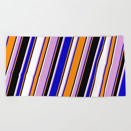 [ Thumbnail: Eye-catching Plum, Blue, Dark Orange, Black & White Colored Stripes/Lines Pattern Beach Towel ]