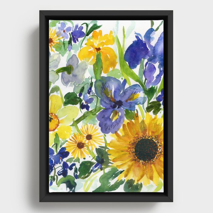 daffodil, iris and sunflower Framed Canvas