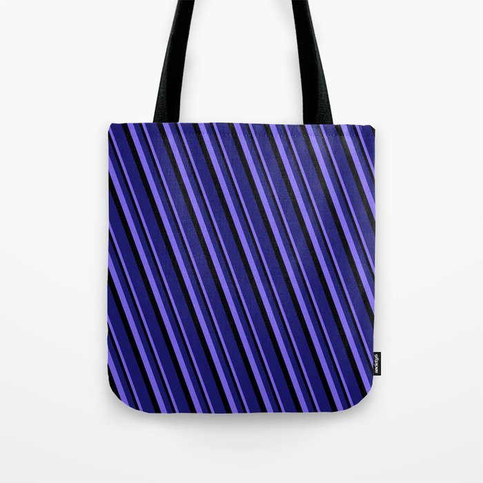 Medium Slate Blue, Black, and Midnight Blue Colored Stripes Pattern Tote Bag