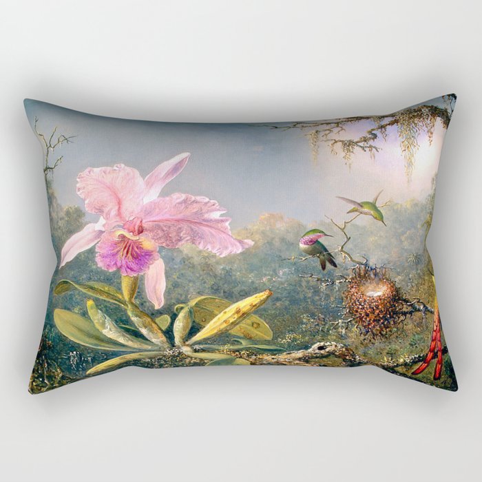 Orchid and Three Brazilian Hummingbirds by Martin Johnson Heade-Cattleya Rectangular Pillow