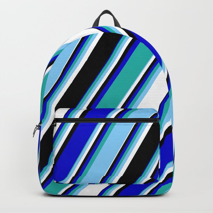 Vibrant Blue, Light Sea Green, Light Sky Blue, White & Black Colored Lines/Stripes Pattern Backpack