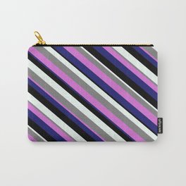 [ Thumbnail: Eye-catching Gray, Orchid, Midnight Blue, Black, and Mint Cream Colored Stripes/Lines Pattern Carry-All Pouch ]