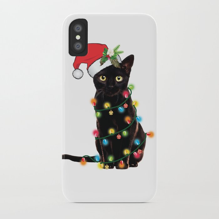 Santa Black Cat Tangled Up In Lights Christmas Santa Graphic iPhone Case