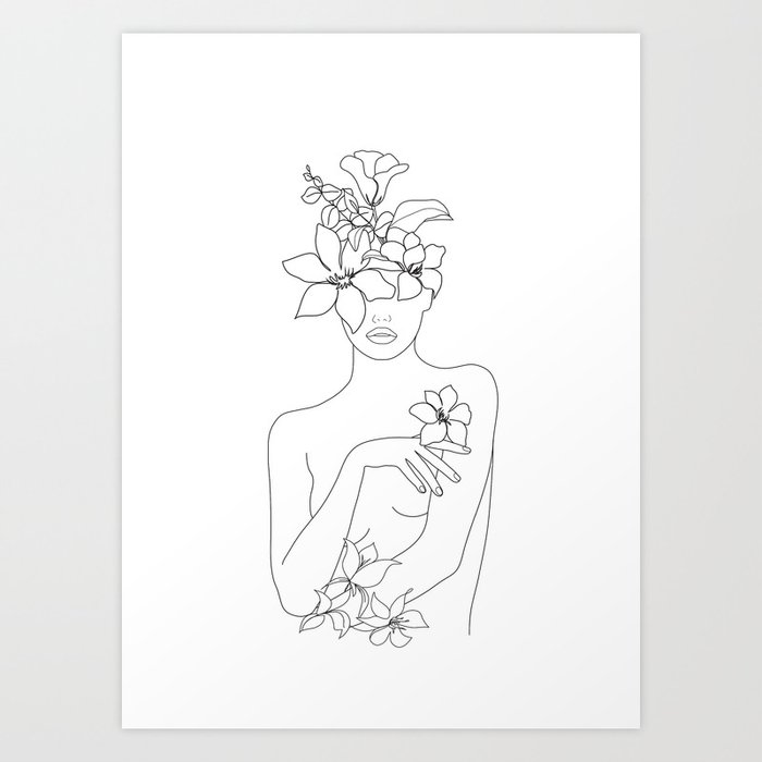 Minimal Line Art Woman with Flowers IV
