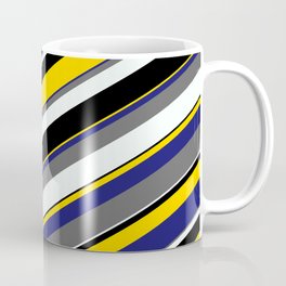 [ Thumbnail: Eyecatching Dim Grey, Mint Cream, Black, Yellow, and Midnight Blue Colored Stripes Pattern Coffee Mug ]