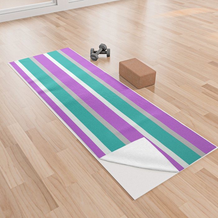 Grey, Light Sea Green, Mint Cream, and Orchid Colored Lined Pattern Yoga Towel