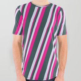 [ Thumbnail: Dark Slate Gray, Lavender & Deep Pink Colored Lines/Stripes Pattern All Over Graphic Tee ]