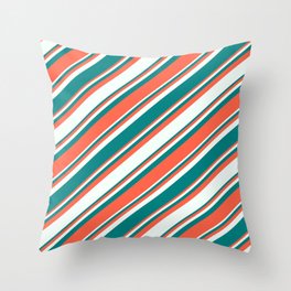 [ Thumbnail: Red, Mint Cream & Teal Colored Lines Pattern Throw Pillow ]