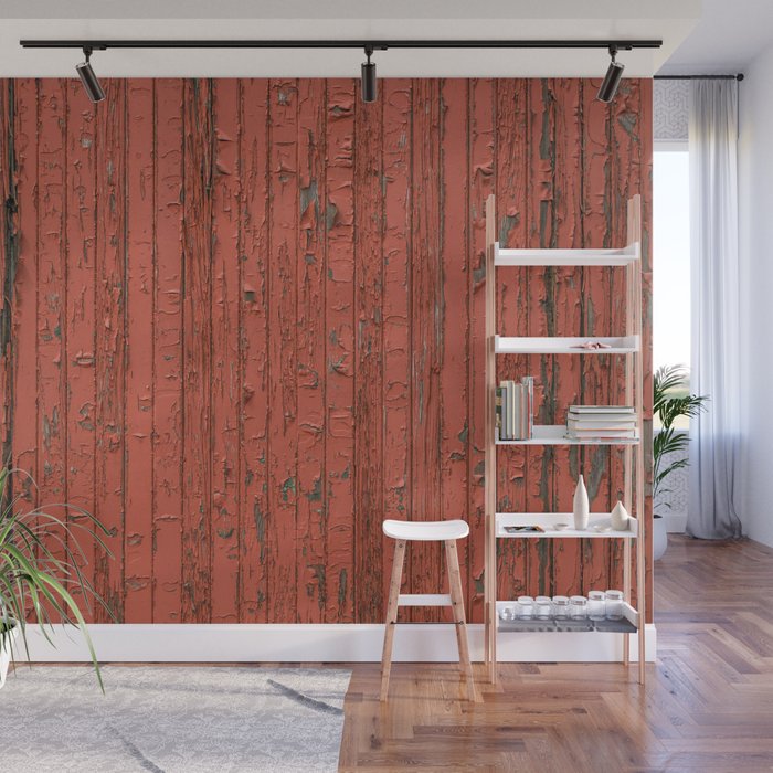 Peeling Red Boxcar Paint Wooden Slats Train Texture Wall Mural