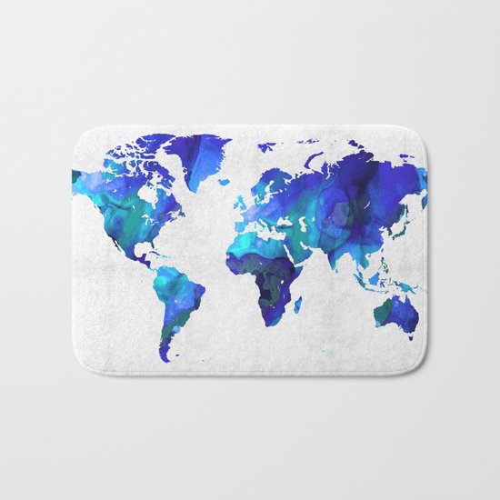 World Map 17 - Blue Art By Sharon Cummings Bath Mat