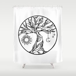 black and white tree of life with hanging sun, moon and stars I Shower Curtain