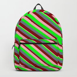 [ Thumbnail: Slate Gray, Dark Red, Light Pink, and Lime Colored Stripes/Lines Pattern Backpack ]