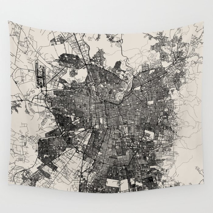 Santiago, Chile - City Map - Black and White Wall Tapestry