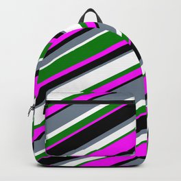 [ Thumbnail: Eyecatching Slate Gray, White, Green, Fuchsia, and Black Colored Striped Pattern Backpack ]