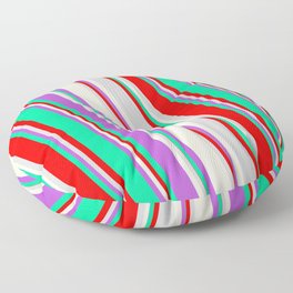 [ Thumbnail: Colorful Orchid, Green, Red, Light Gray, and Beige Colored Striped/Lined Pattern Floor Pillow ]