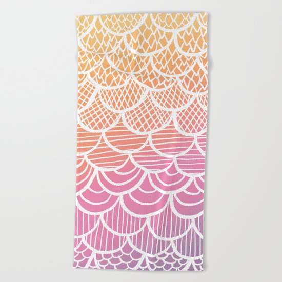 Modern hand drawn summer geometric mermaid scallop pink orange ombre watercolor Beach Towel