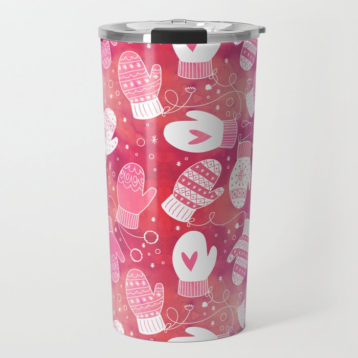 Winter Mittens Pink & Red Travel Mug