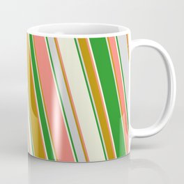 [ Thumbnail: Salmon, Dark Goldenrod, Light Grey, Forest Green, and Beige Colored Striped/Lined Pattern Coffee Mug ]