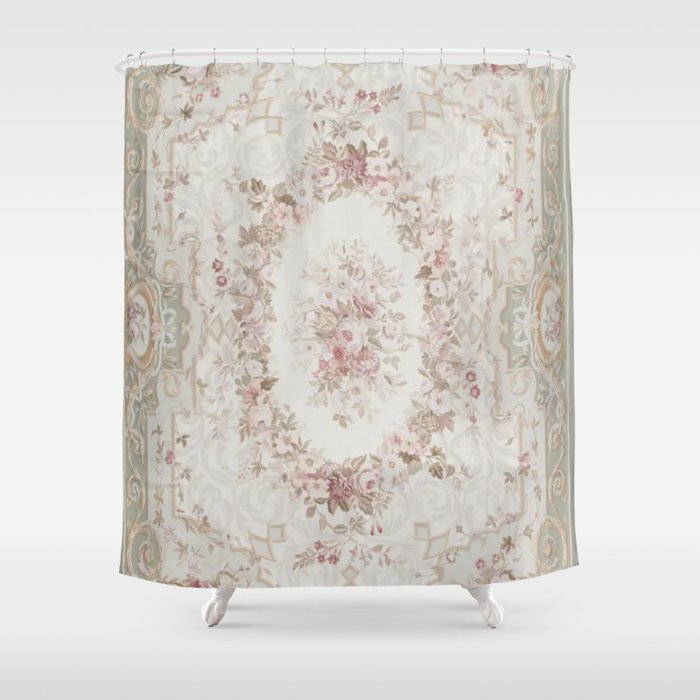 Antique French Aubusson Rose Sage Floral Shower Curtain