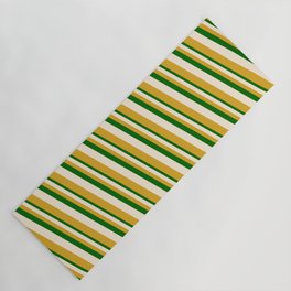 [ Thumbnail: Dark Green, Beige, and Goldenrod Colored Stripes/Lines Pattern Yoga Mat ]