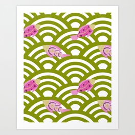 Pink fishes in green seigaiha waves Art Print