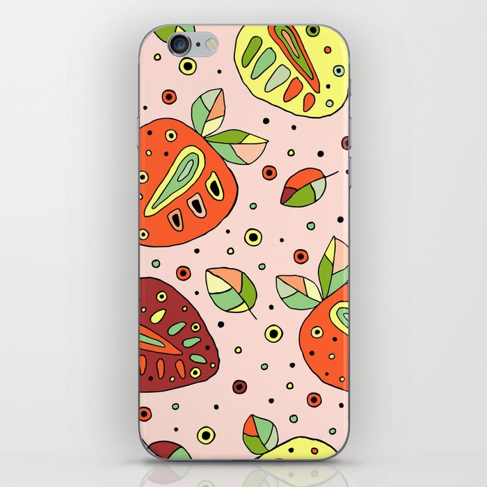 Seamless hand drawn childish pattern with fruits. Cute childlike strawberries with leaves iPhone Skin