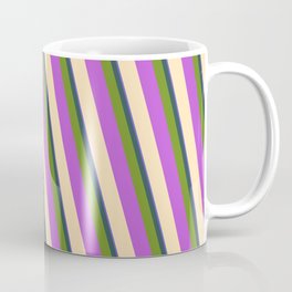 [ Thumbnail: Colorful Slate Blue, Dark Slate Gray, Green, Orchid & Beige Colored Striped Pattern Coffee Mug ]