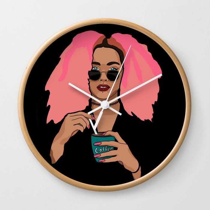 Woman with pink hair, sunglasses and piercings stirring coffee Wall Clock