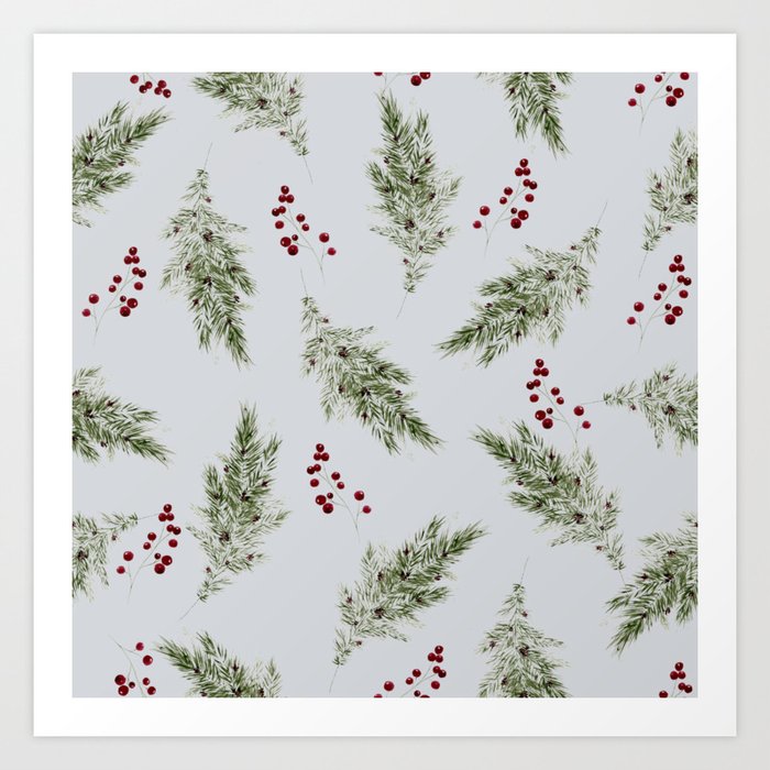 Evergreen & Berries in Winter Grey Art Print