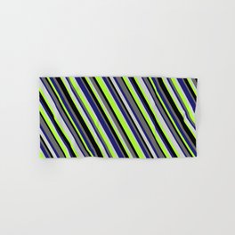 [ Thumbnail: Colorful Midnight Blue, Light Gray, Light Green, Black, and Dim Grey Colored Stripes/Lines Pattern Hand & Bath Towel ]