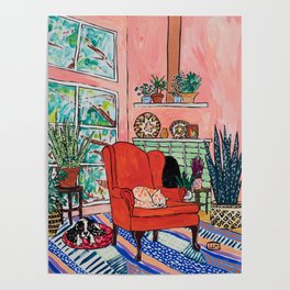 Red Armchair in Pink Interior with Houseplants, Ginger Cat, and Spaniel Interior Painting Poster