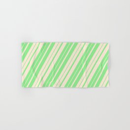 [ Thumbnail: Light Green & Beige Colored Stripes Pattern Hand & Bath Towel ]