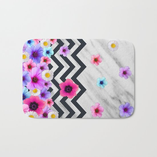 Chevron Pattern with Marble and Flowers Bath Mat