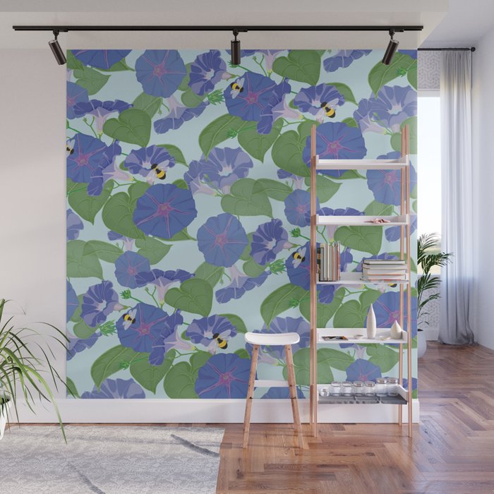 Glory Bee - Vintage Floral Morning Glories and Bumble Bees Wall Mural