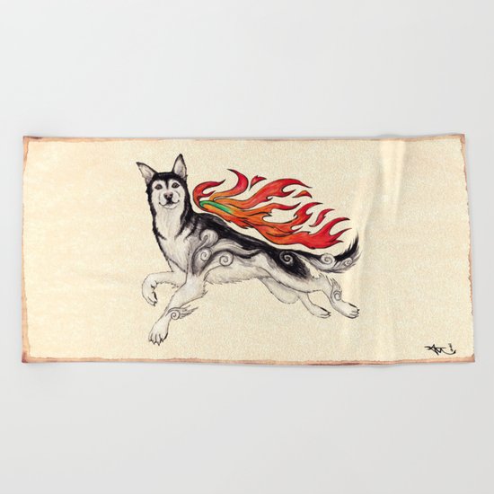 Marukomu Inukami ~ Ōkami inspired husky dog, watercolor & ink, 2015 Beach Towel