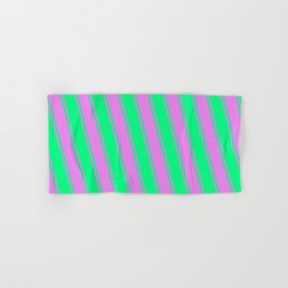 [ Thumbnail: Violet & Green Colored Lines/Stripes Pattern Hand & Bath Towel ]