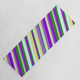 [ Thumbnail: Vibrant Tan, Purple, Dark Violet, Forest Green & Light Cyan Colored Stripes Pattern Yoga Mat ]