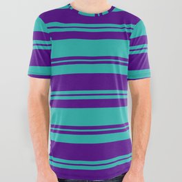 [ Thumbnail: Light Sea Green & Indigo Colored Stripes Pattern All Over Graphic Tee ]