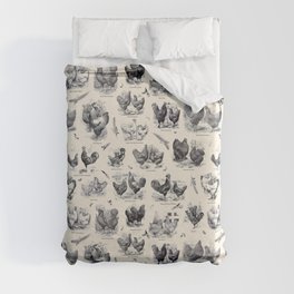 Cream and Black Vintage Victorian Toile Chicken Breeds   Duvet Cover