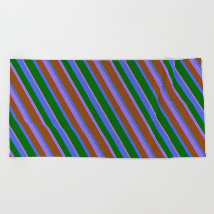 Purple, Brown, Royal Blue & Dark Green Colored Stripes Pattern Beach Towel