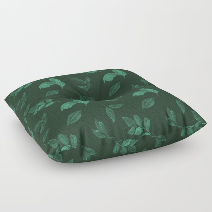 Dark forest green watercolor falling leaves pattern Floor Pillow