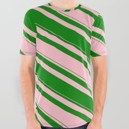 [ Thumbnail: Pink and Green Colored Striped/Lined Pattern All Over Graphic Tee ]
