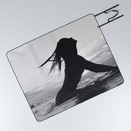 Surfing at sunset; surfer girl on the swells ocean black and white female photograph - photography - photographs by Olga Sinenko  Picnic Blanket