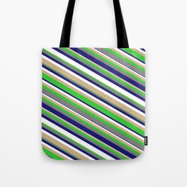 [ Thumbnail: Eyecatching Tan, Lime Green, Grey, Midnight Blue & White Colored Lines Pattern Tote Bag ]