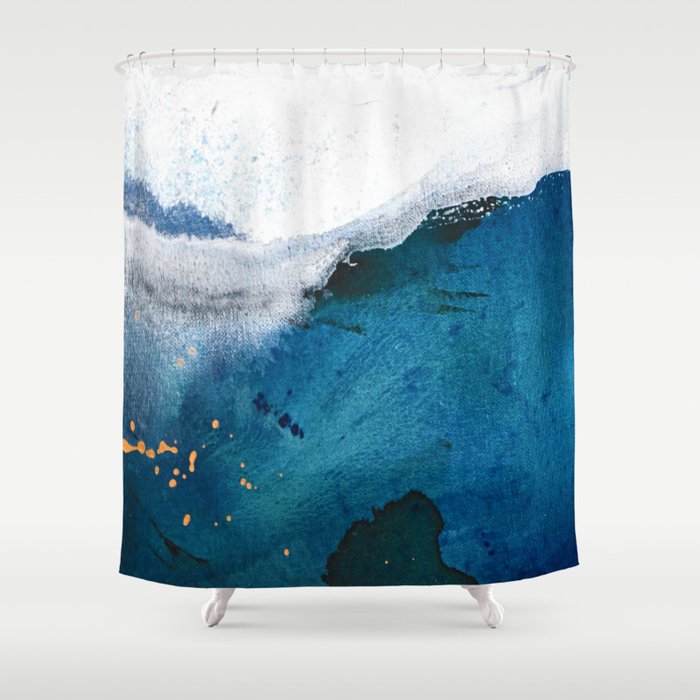 In the Surf: a vibrant minimal abstract painting in blues and gold Shower Curtain