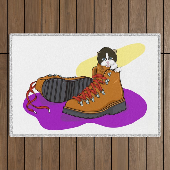 Take a Hike!: Baby Cat in Hiking Boots Illustration Outdoor Rug