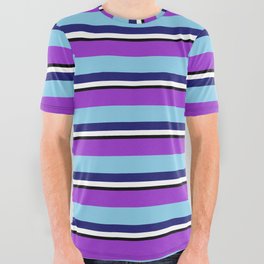 [ Thumbnail: Vibrant Dark Orchid, Sky Blue, Midnight Blue, White & Black Colored Pattern of Stripes All Over Graphic Tee ]
