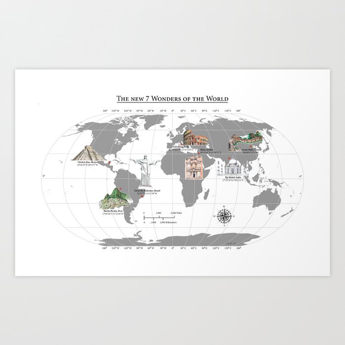 Map of the New 7 wonders of the World Art Print